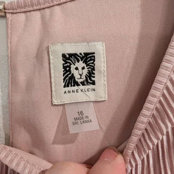 ANNE KLEIN Nwt Crinkled Satin Blush Dress 16 Sleeveless Waist Tie Midi Length - Picture 6 of 12